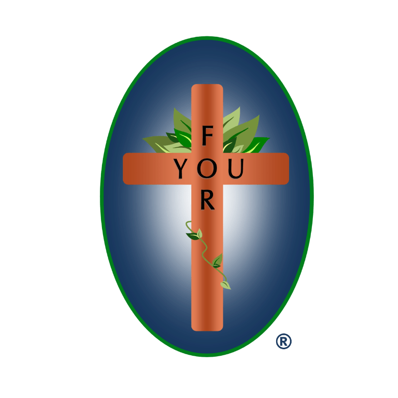 brown cross with words FOR YOU in the center surrounded by leaves and in a blue oval with green outline